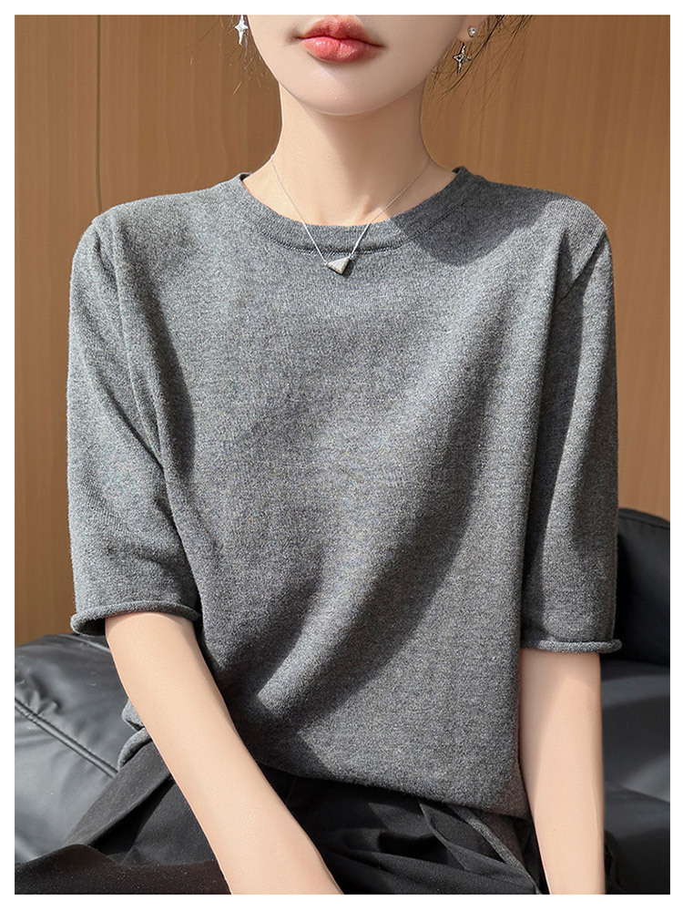 【100纯棉】新款时尚卷边宽松五分袖显瘦针织短袖·紫色