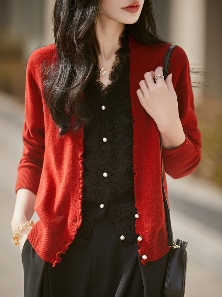 丁摩 蚕丝羊毛蕾丝假两件针织开衫外套V领上衣NS-6010A-70·玫瑰红