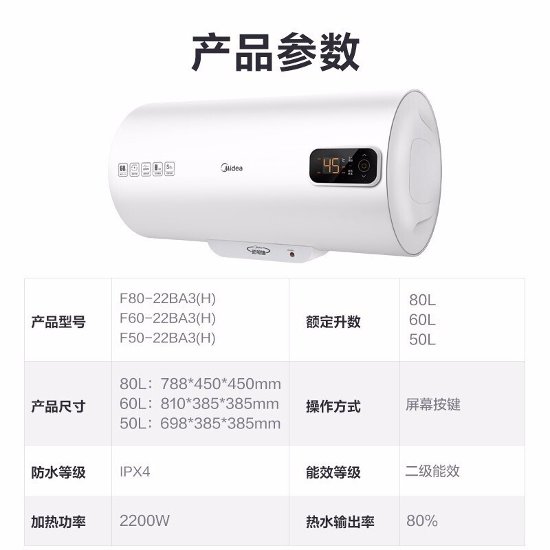 美的80L数显电热水器F80-22BA3(H)·白色 家用速热节能