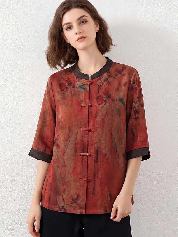 鳄鱼恤女士花萝香云纱上衣·红色