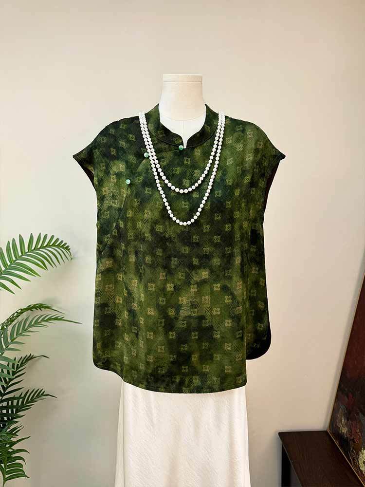 婵阅专柜高货新中式禅意提花茶服月牙袖小衫·墨绿色