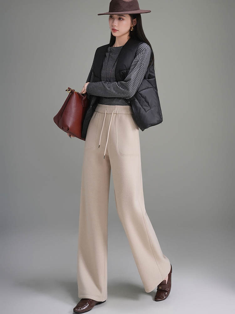 秋冬加厚显瘦宽松休闲松弛感蚕丝羊绒直筒裤（金标蝴蝶裤 ）·米杏色