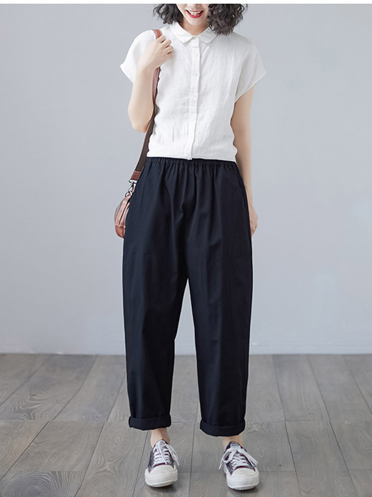 新款纯棉文艺复古高腰阔腿显瘦九分哈伦裤·雾霾蓝