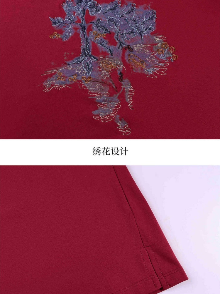 【93精梳棉】轩凌子水墨刺绣T恤XS82620254·酒红色