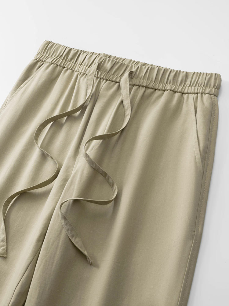 天丝棉麻松紧腰抽绳宽松男士直筒裤CK103#·藏青色