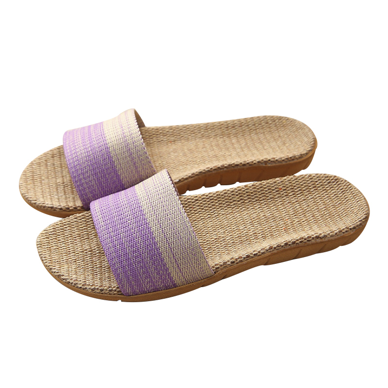 丁摩  夏季亚麻拖鞋柔软耐磨拖鞋家居拖鞋夏季沙滩拖鞋男款女款·粉色+紫色