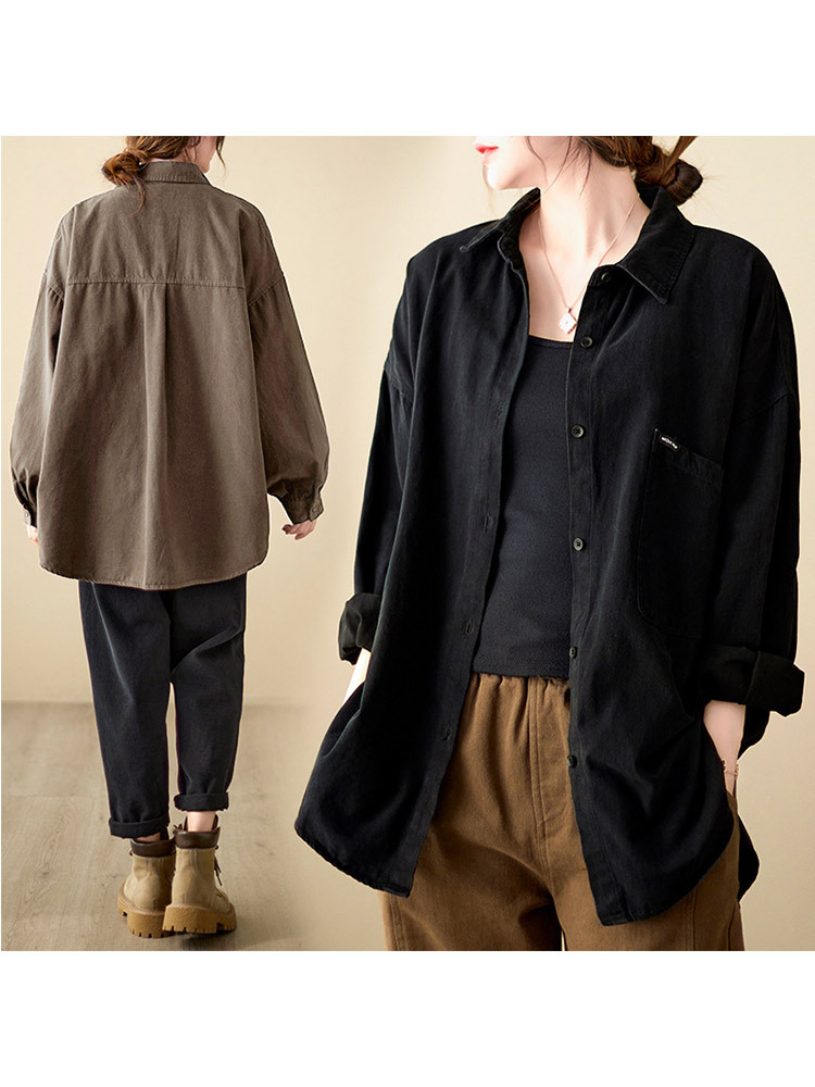 新款棉质宽松大码简约百搭外套衬衣·咖啡色