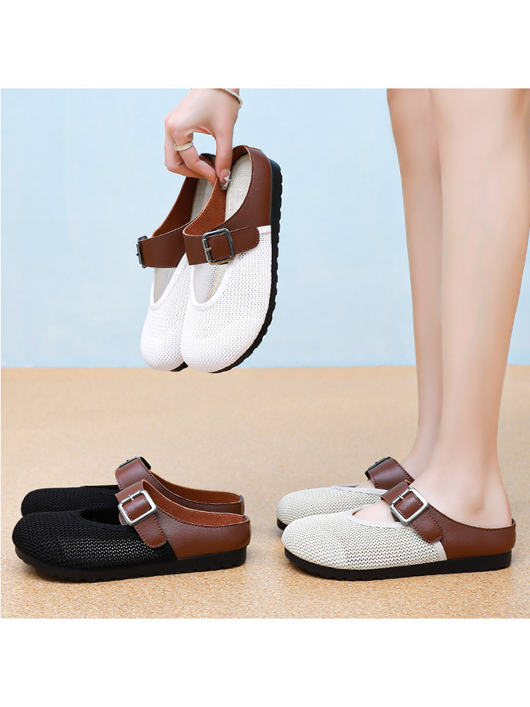 【清仓特价】时尚撞色拼接网面透气一脚蹬勃肯凉拖鞋·白色