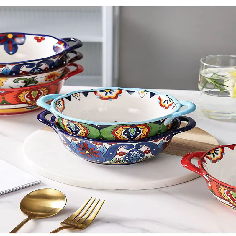 波西米亚陶瓷双耳面碗家用泡面碗1200ml·红波卡