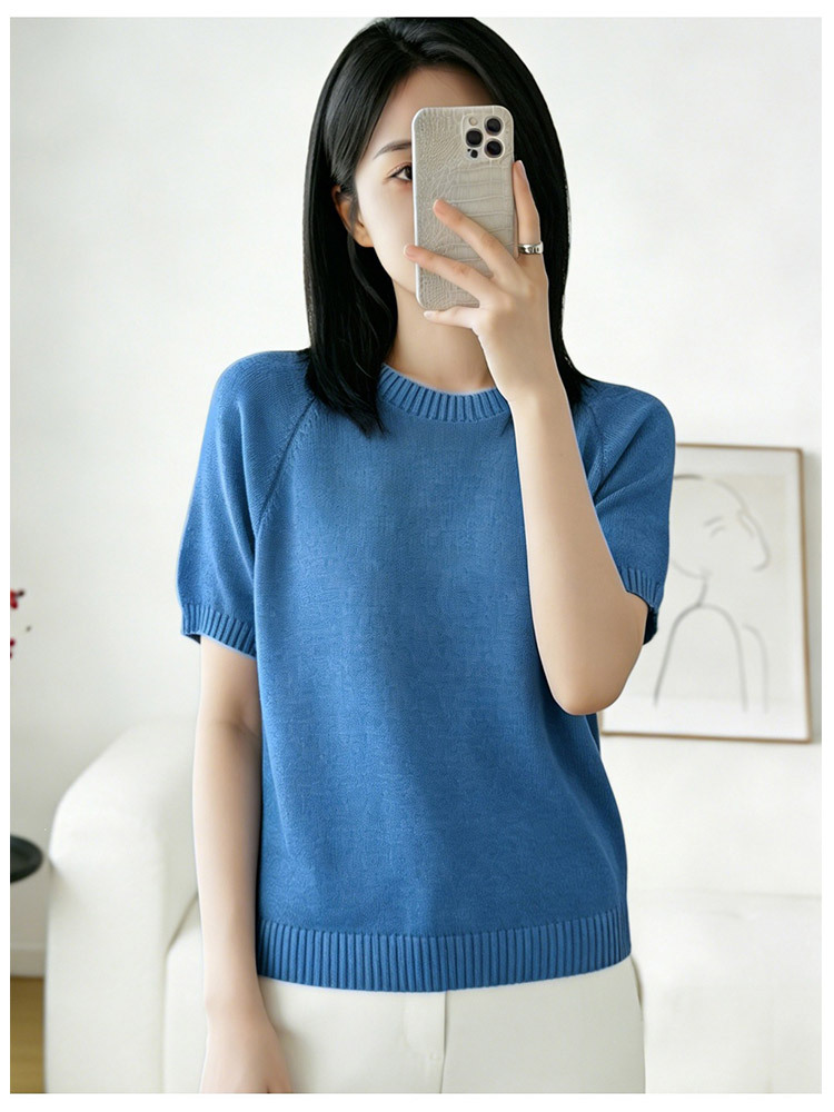 新款圆领冰丝透气宽松减龄百搭针织短袖·红色