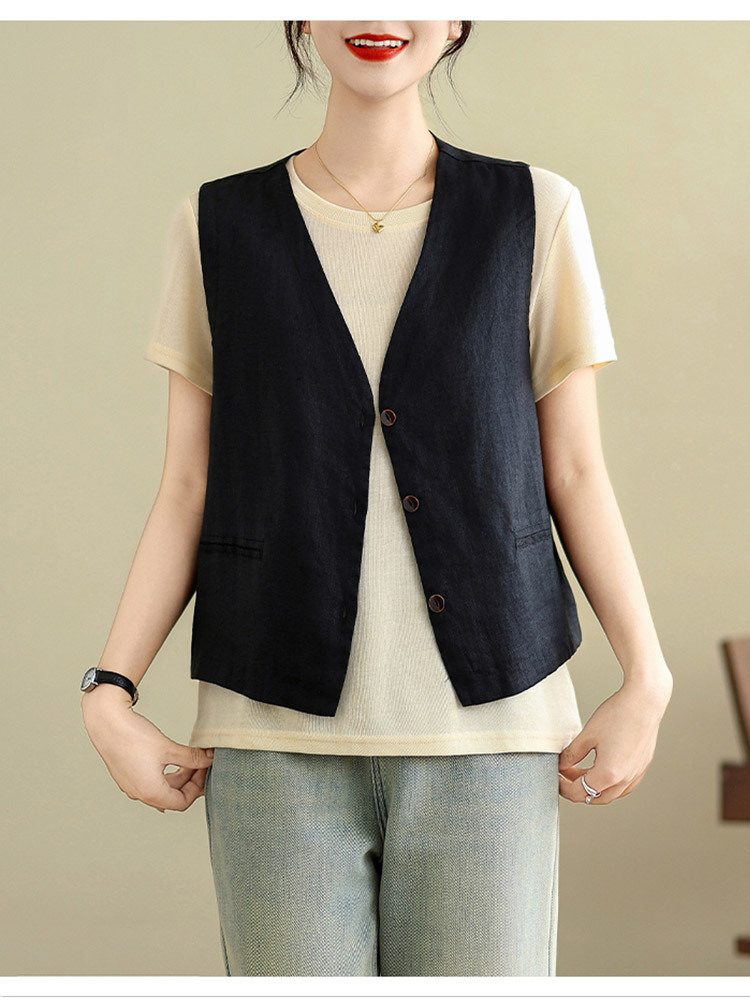 新款棉麻文艺复古V领开扣时尚百搭马甲·麻灰色