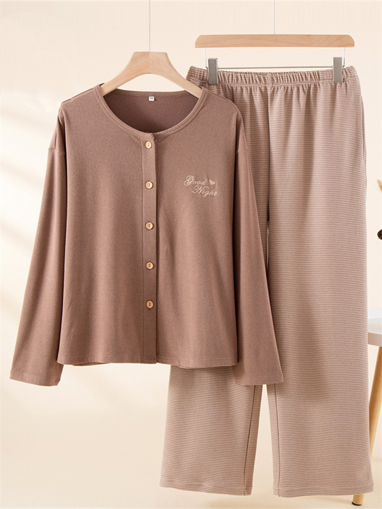 棉朵妮德绒刺绣圆领AB版长袖长裤套装女·咖色