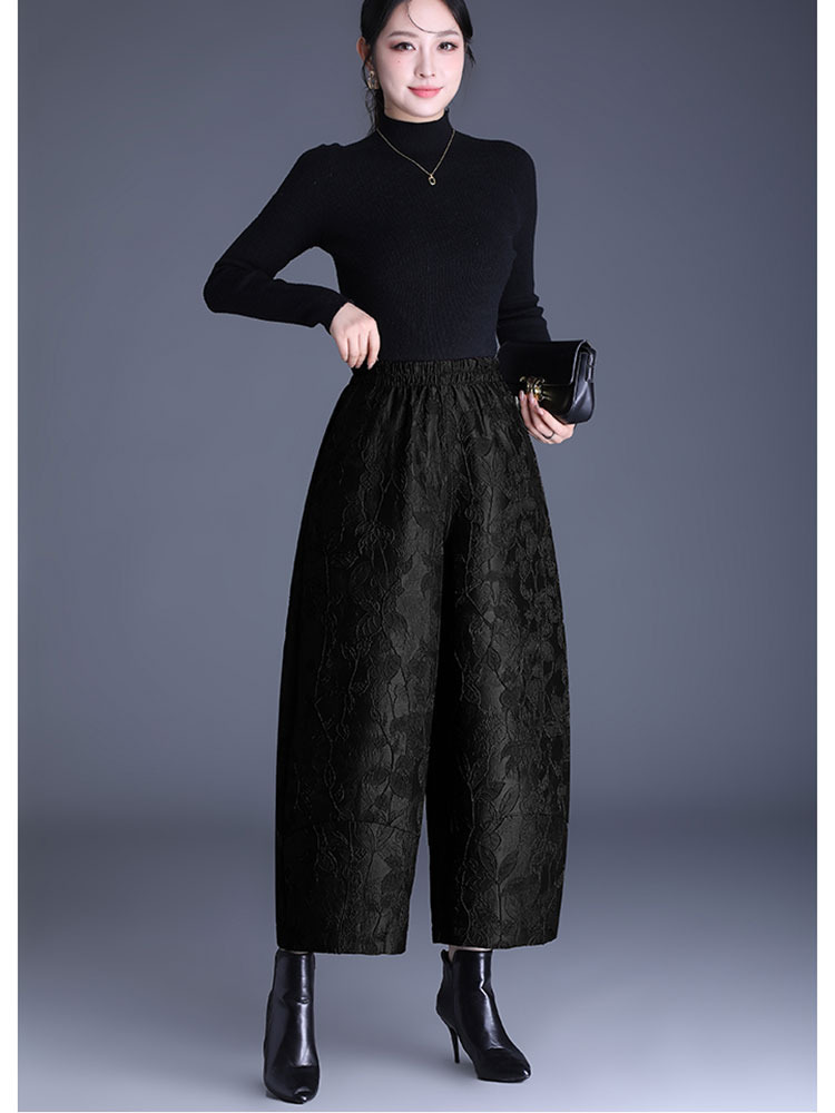 【年终聚惠】时髦提花加绒保暖松紧腰遮肉显瘦百搭花苞裤·黑色（夹棉）