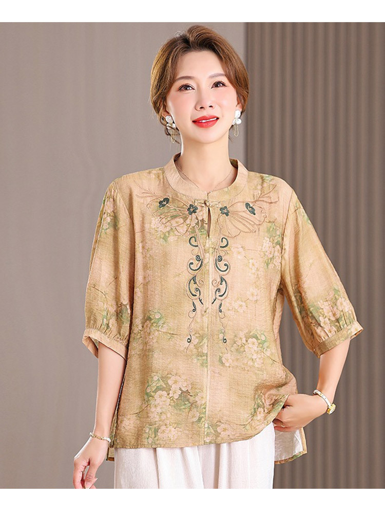 棉麻刺绣宽松大码气质显瘦中袖上衣·黄色