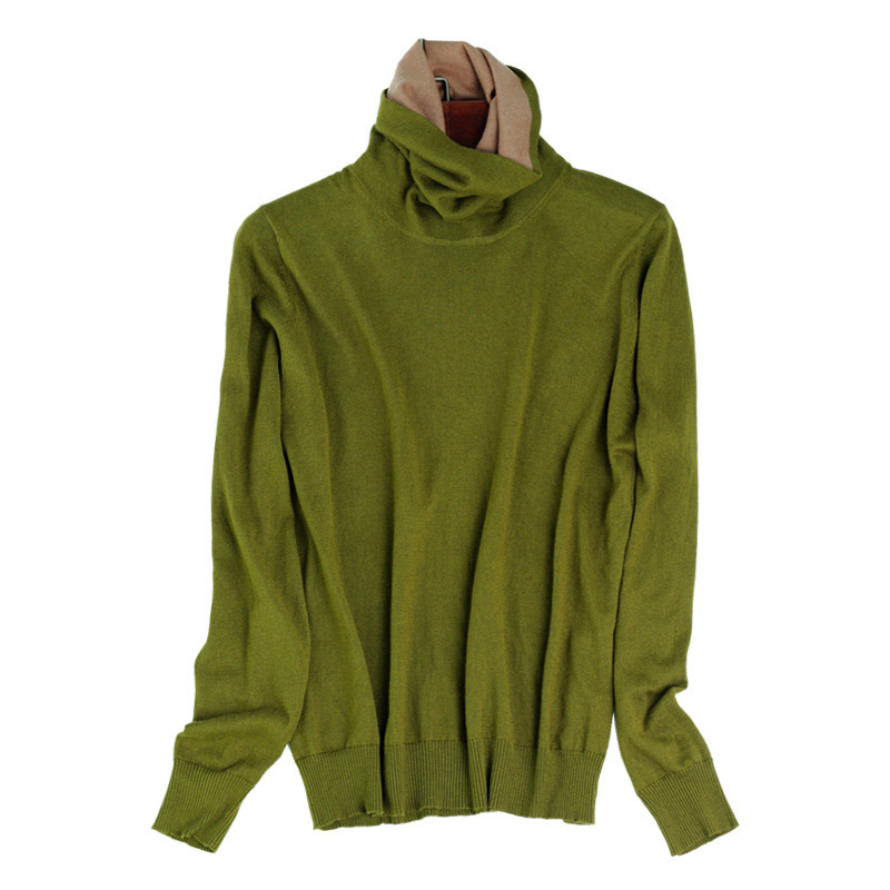 桑蚕丝羊绒高领撞色打底衫·绿色