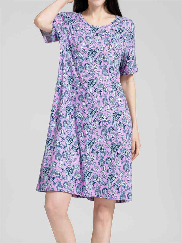 【专柜同步】纤丝鸟鸟语花香系列女士圆领半袖裙·紫色花