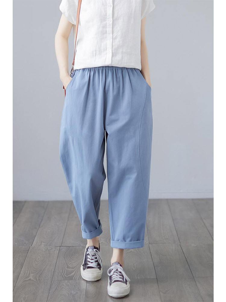 新款纯棉文艺复古高腰阔腿显瘦九分哈伦裤·雾霾蓝