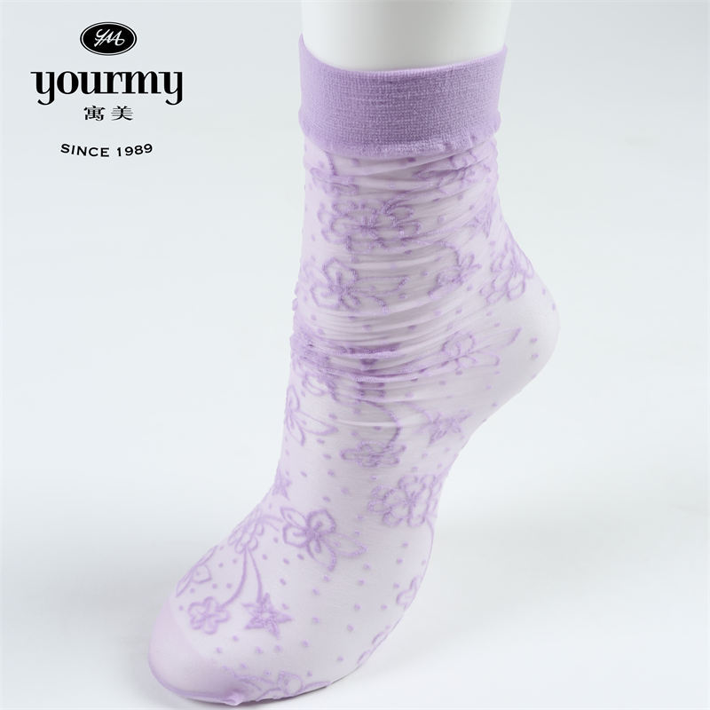 寓美西班牙进口超薄绣花天鹅绒中筒袜（6双装）·紫色