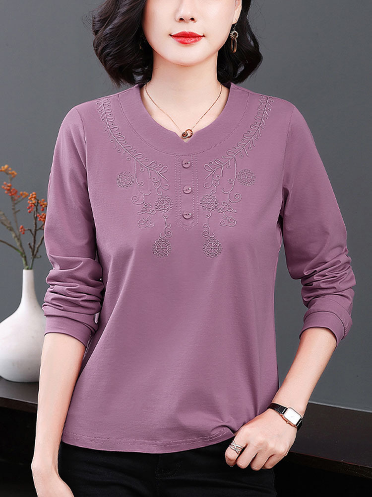 【95纯棉】新款刺绣宽松显瘦百搭圆领长袖上衣·西瓜红