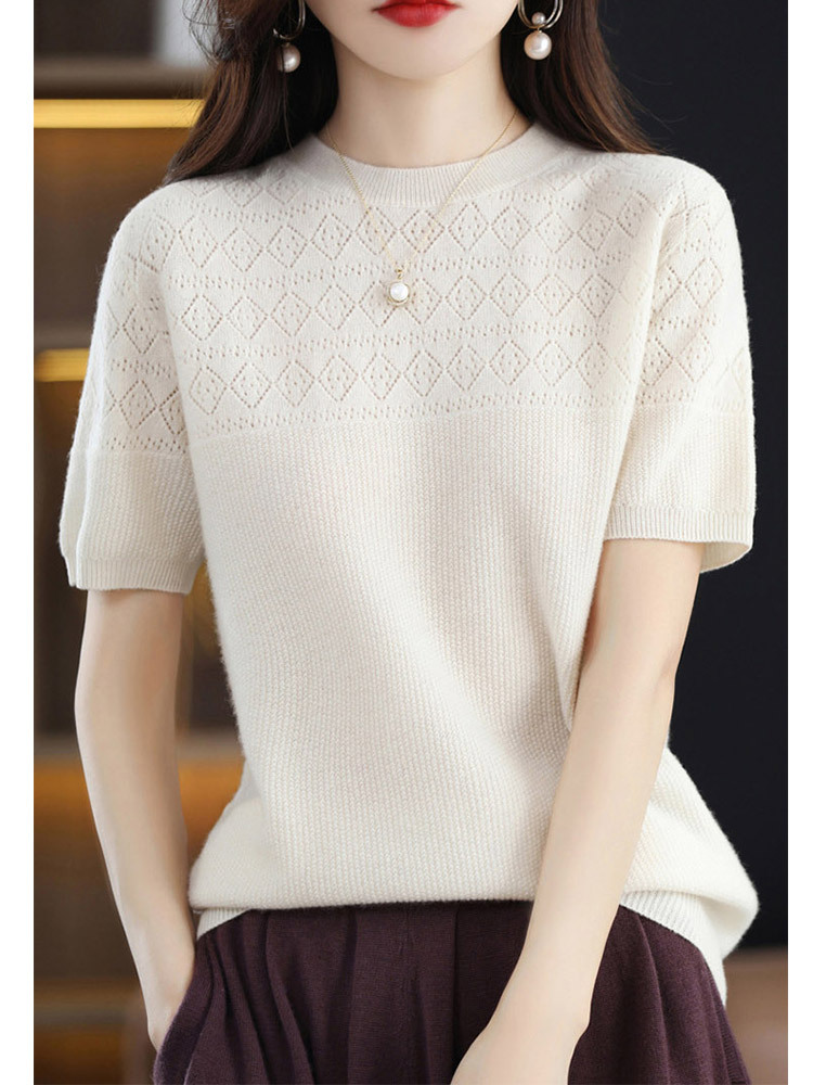 【新款特价】羊毛镂空设计感菱格气质百搭五分袖上衣·果绿色