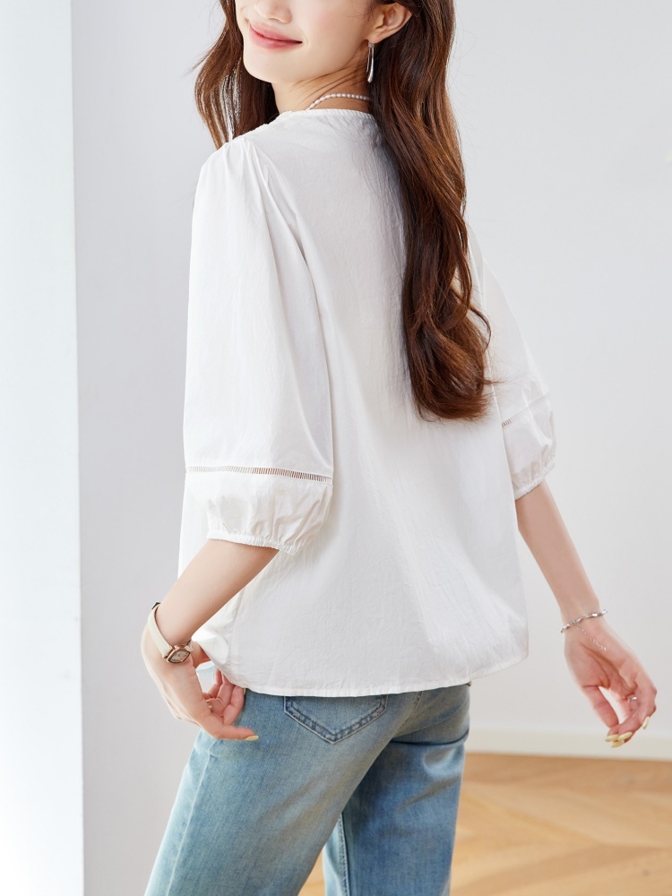 【100棉】可风各蕾丝花边镂空五分袖衬衫64108·白色