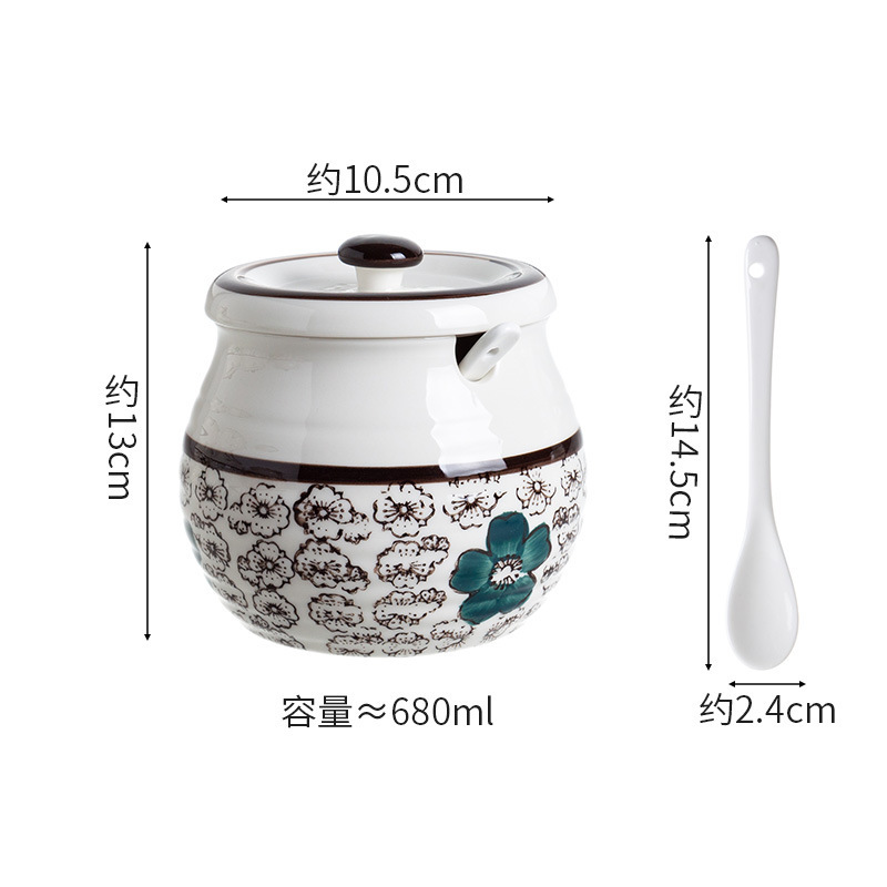 日式陶瓷猪油罐家用耐高温辣椒油罐带盖勺调料罐糖罐盐罐·蓝花