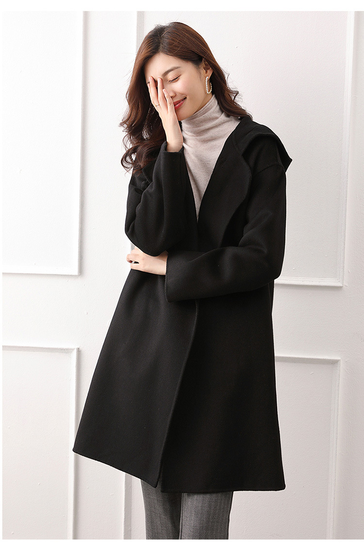 今升连帽双面羊绒大衣女中长款韩版宽松赫本风羊毛呢子外套黑色