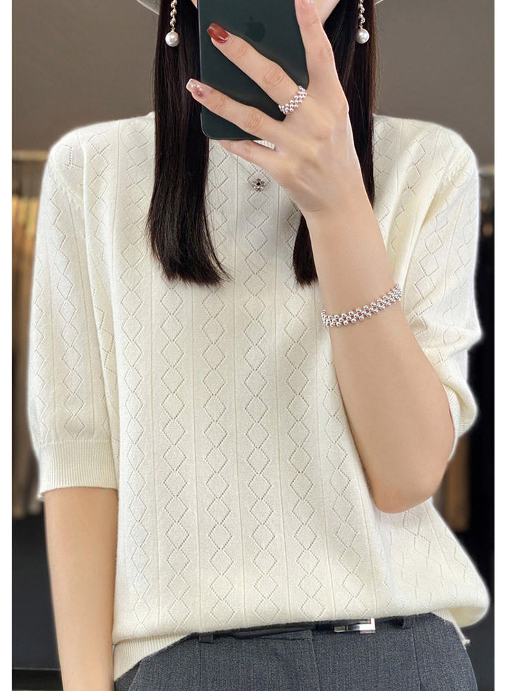 【新款特价】羊毛菱格镂空遮肉显瘦气质百搭中袖上衣·祖母绿