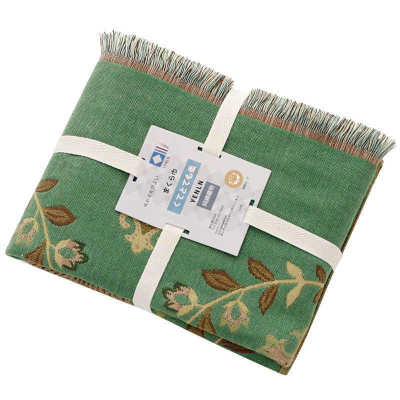 YENLN日本家居纯棉四层纱布流苏枕巾一对装·金盏绿色