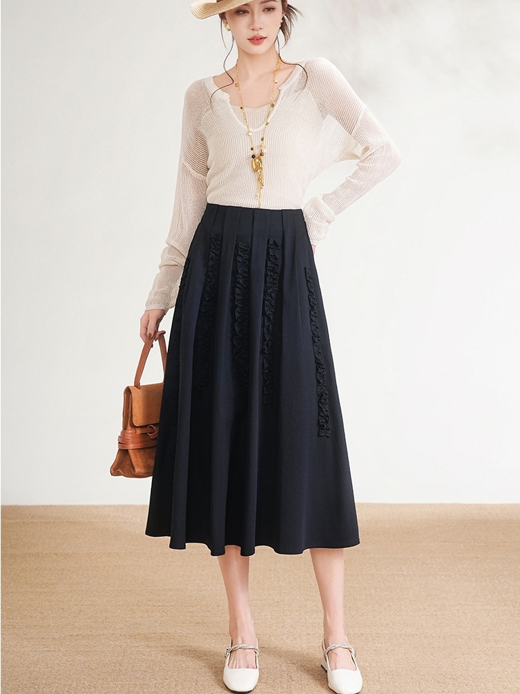 梦卓旋松紧腰木耳花边大摆半身裙ZL2610·蓝色