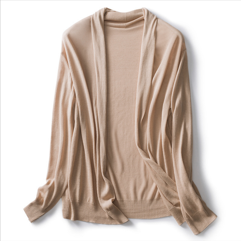 丁摩 100%桑蚕丝夏季空调衫纯色长袖防晒开衫1831·浅驼色