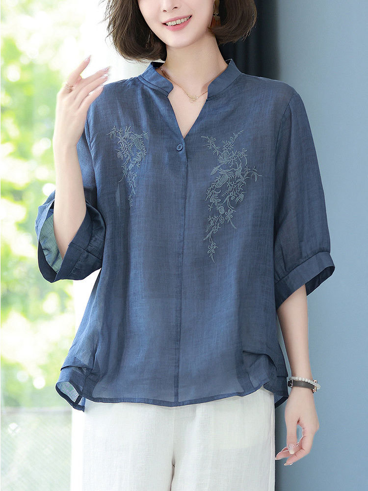 【爆款特价】棉质刺绣宽松透气遮肉显瘦七分袖上衣·绿色