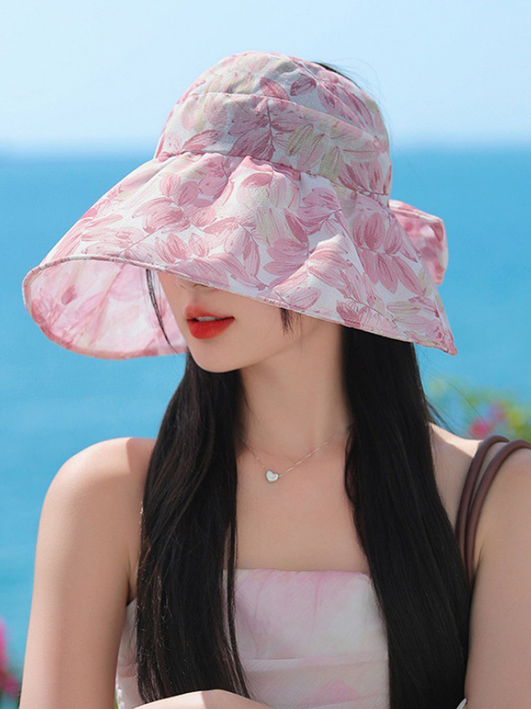 丁摩 女神优雅花布大沿空顶帽女休闲防紫外线遮阳帽M2832·粉红色