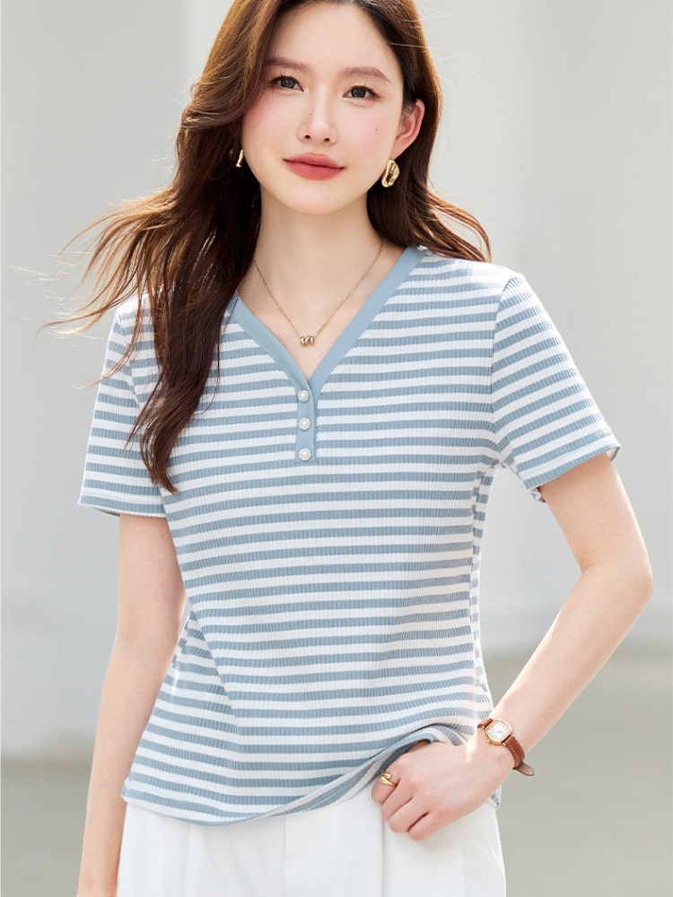 【94精梳棉】轩凌子条纹v领短袖T恤XS82620040·黑白