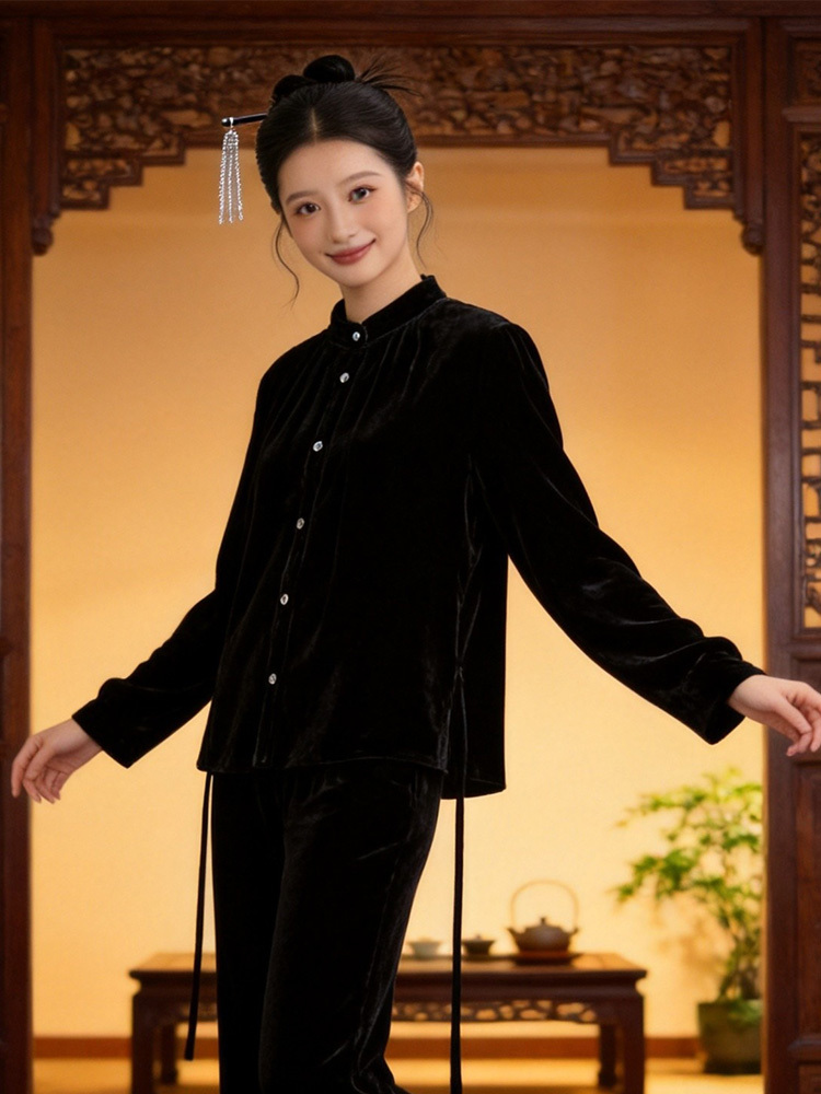 锦真丝绒衬衣J20260365·黑色