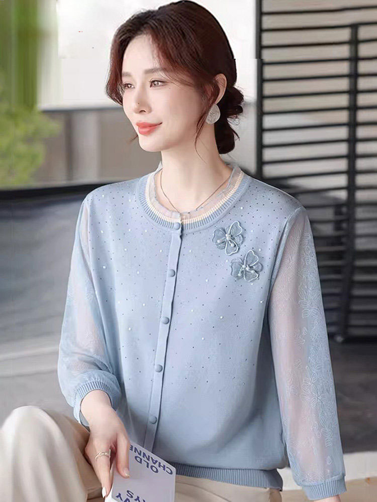 春夏雪纺网纱袖针织开衫9610#·豆沙粉