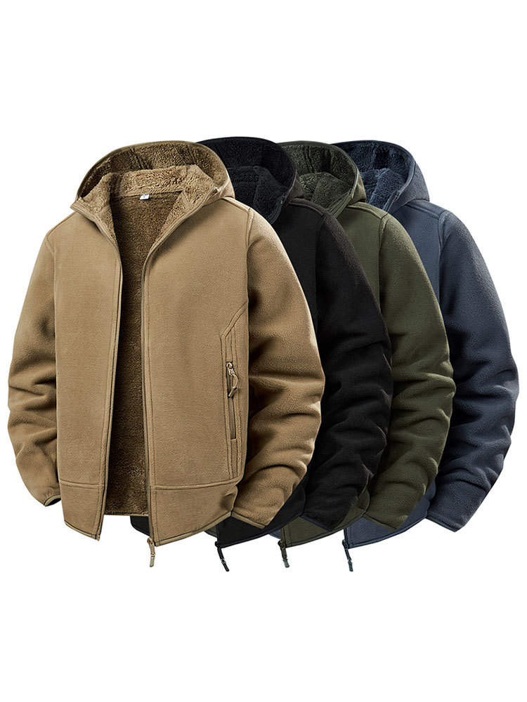 【专柜爆款/男女同款】时尚摇粒绒连帽加厚保暖拉链口袋抓绒衣外套·墨绿色