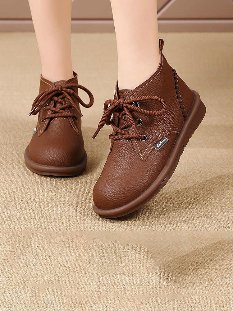 真皮加绒复古女鞋休闲加厚保暖时尚短靴AG-070·棕色加绒