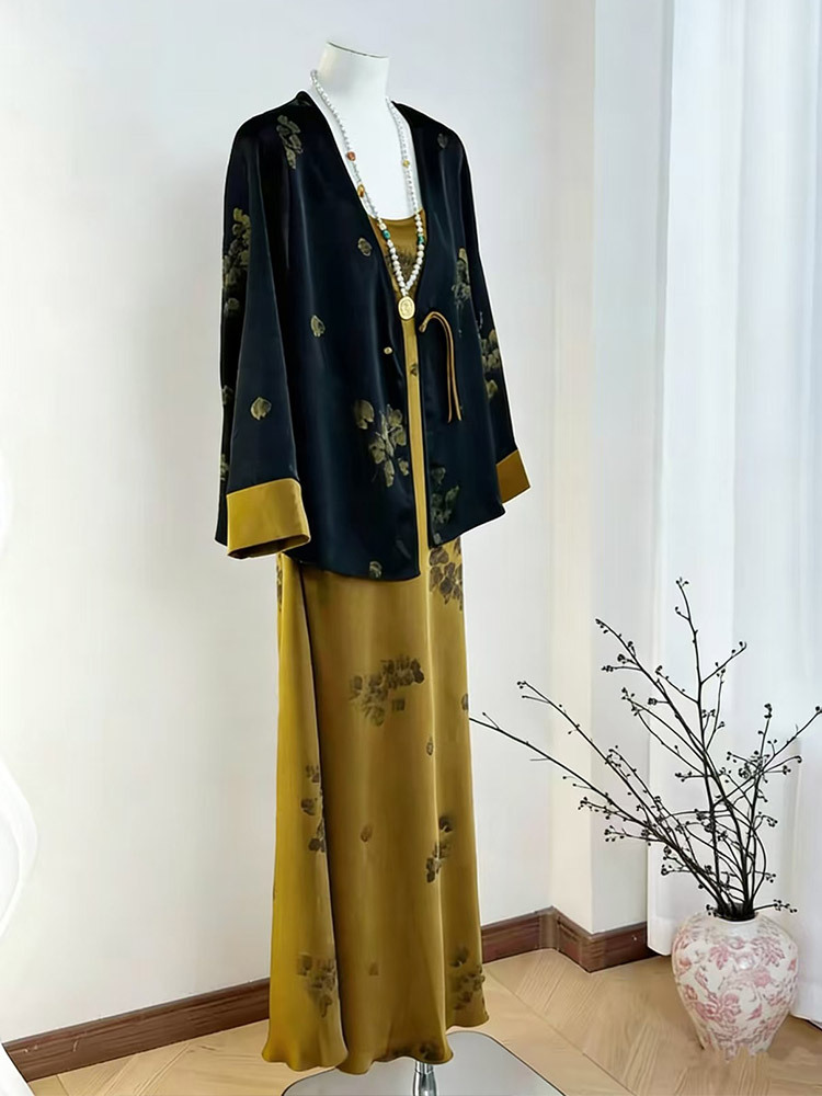 【超值2件套】新中式国风醋酸缎面烫金繁花开衫长裙组·金色上衣+黑色裙子