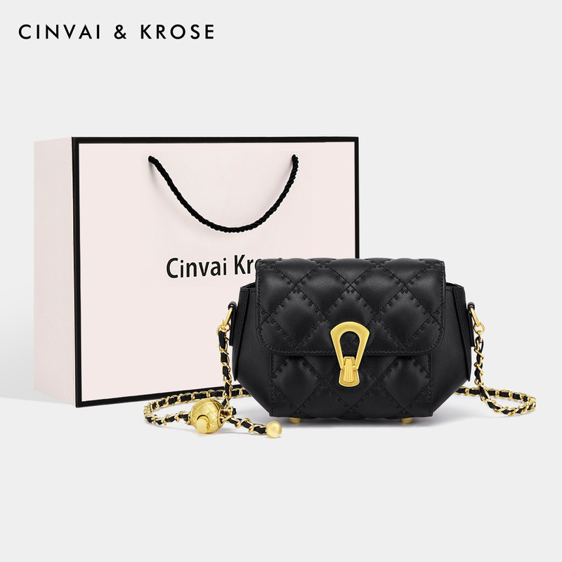 CinvaiKrose 包包女新款牛皮斜挎包轻奢品牌链条包女包B6300·黑色