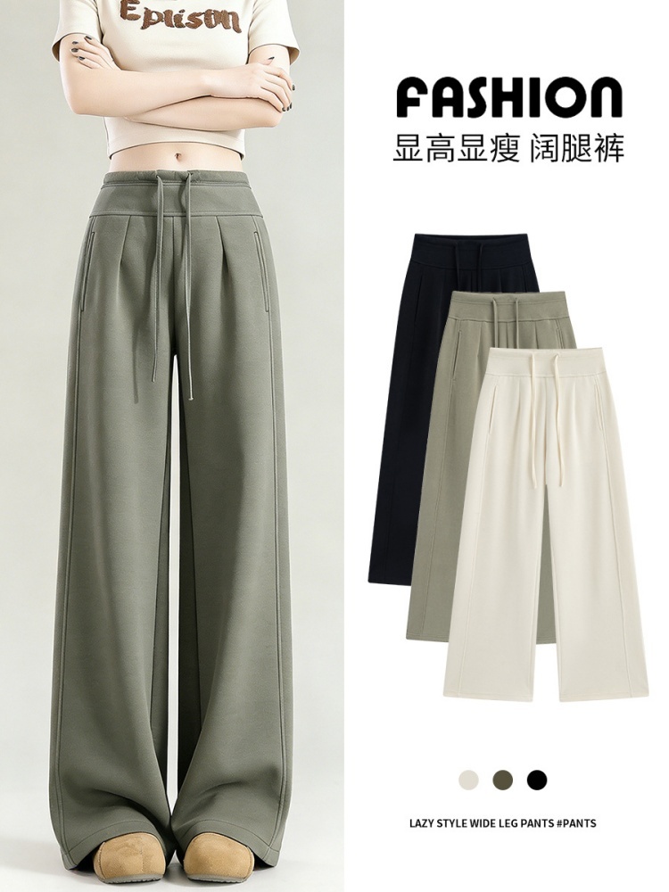 西果春秋抽绳松紧腰阔腿裤5001·茶绿色常规