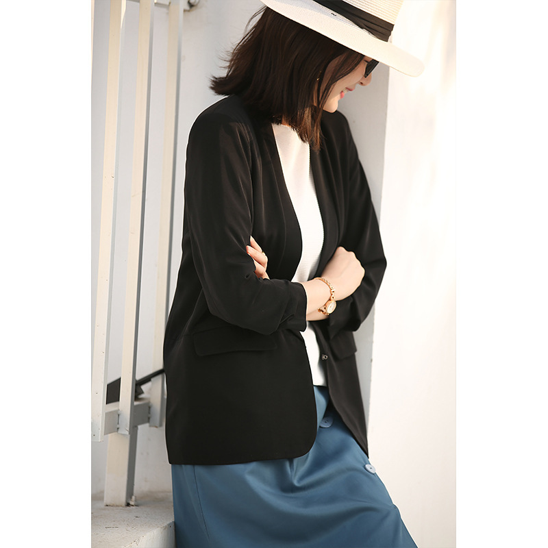 花雨韩版时髦简约西装七分袖宽松垂感小西服外套·黑色