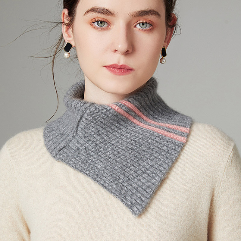 (2个装)羊毛混纺男女款防寒保暖护脖假领围脖·灰色夹条+驼色夹条