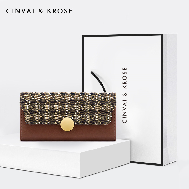 CinvaiKrose 钱包女长款新款零钱包钱夹薄卡包手拿包K6361·棕色