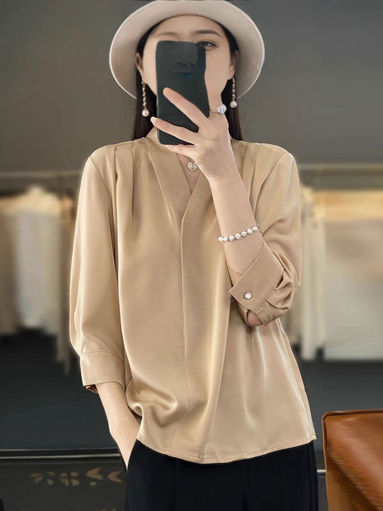 轻奢醋酸缎面V领七分袖宽松衬衫上衣02#·杏色
