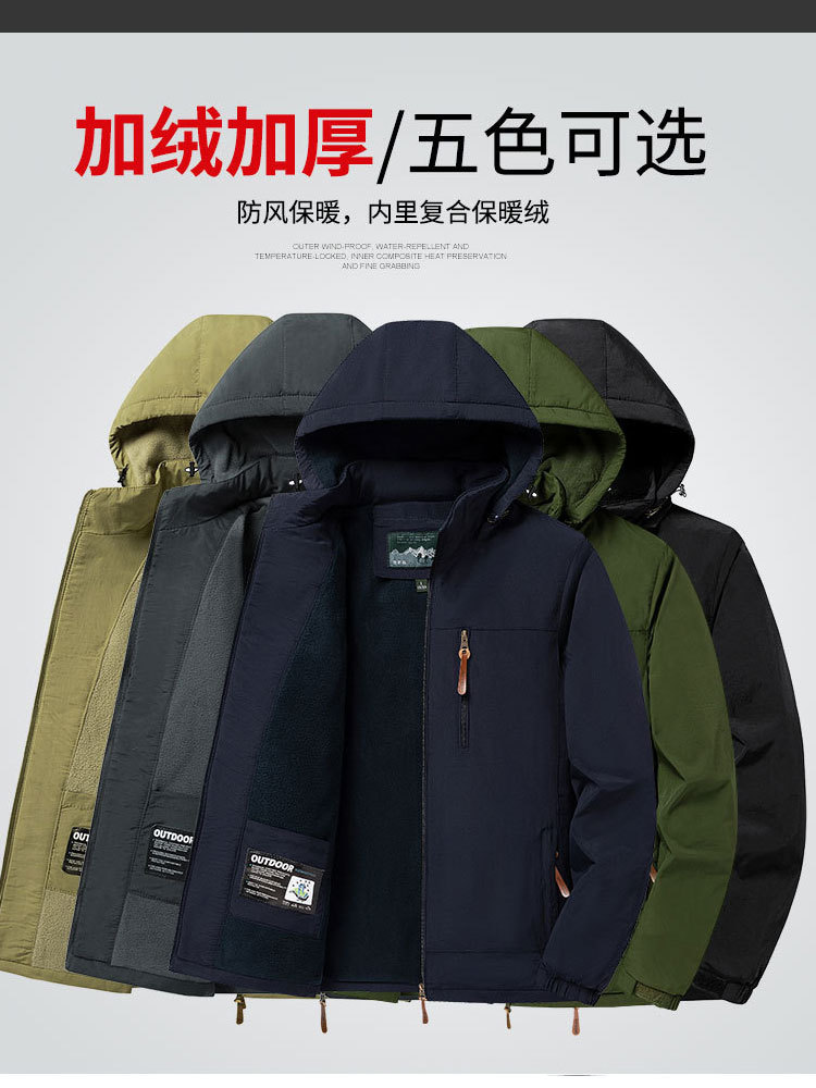 新款加绒加厚可拆卸连帽高密防风防水休闲男士外套·深蓝色
