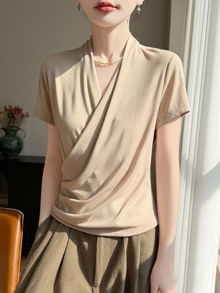 【爆款特价】精纺莱赛尔法式V领交叉气质时尚短袖·高级灰