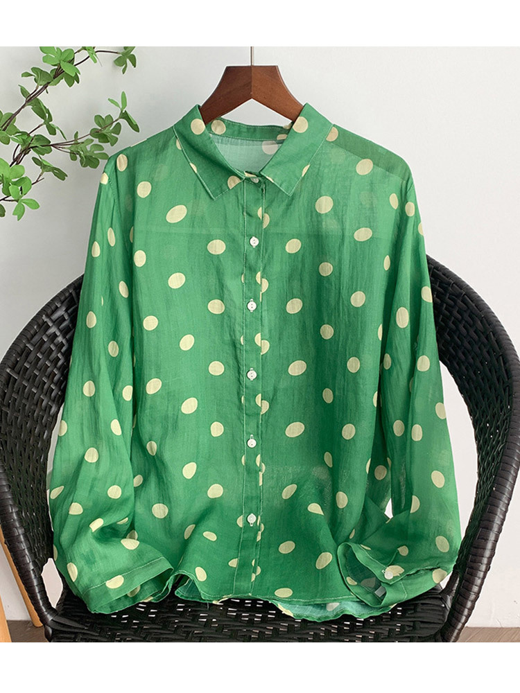 纯棉时尚印花文艺宽松显瘦百搭防晒长袖衬衫·绿底波点