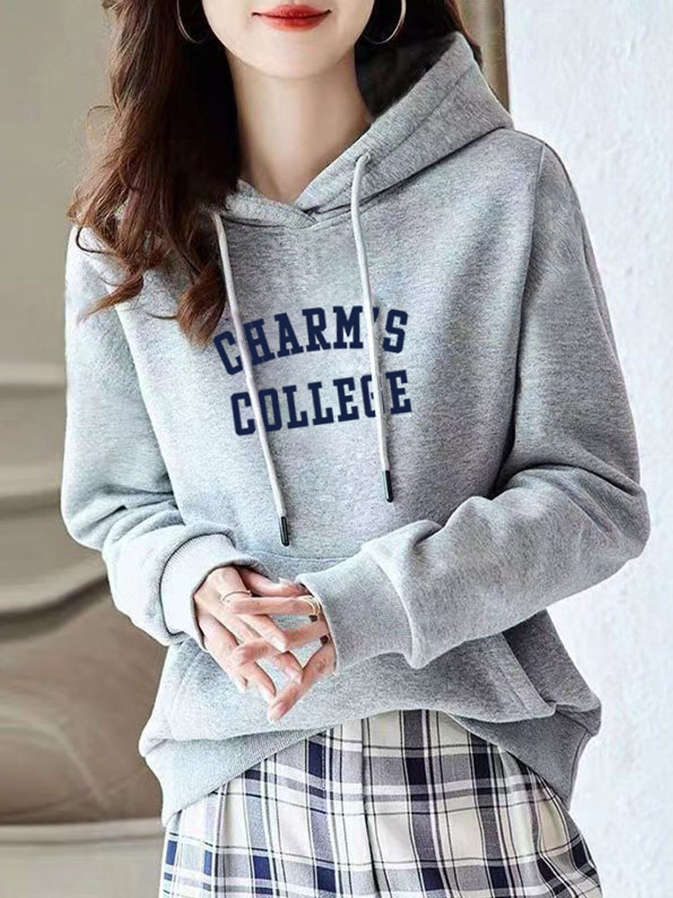 雀说 连帽棉质卫衣运动宽松休闲时尚印花外套上衣6703·浅灰色【不加绒】