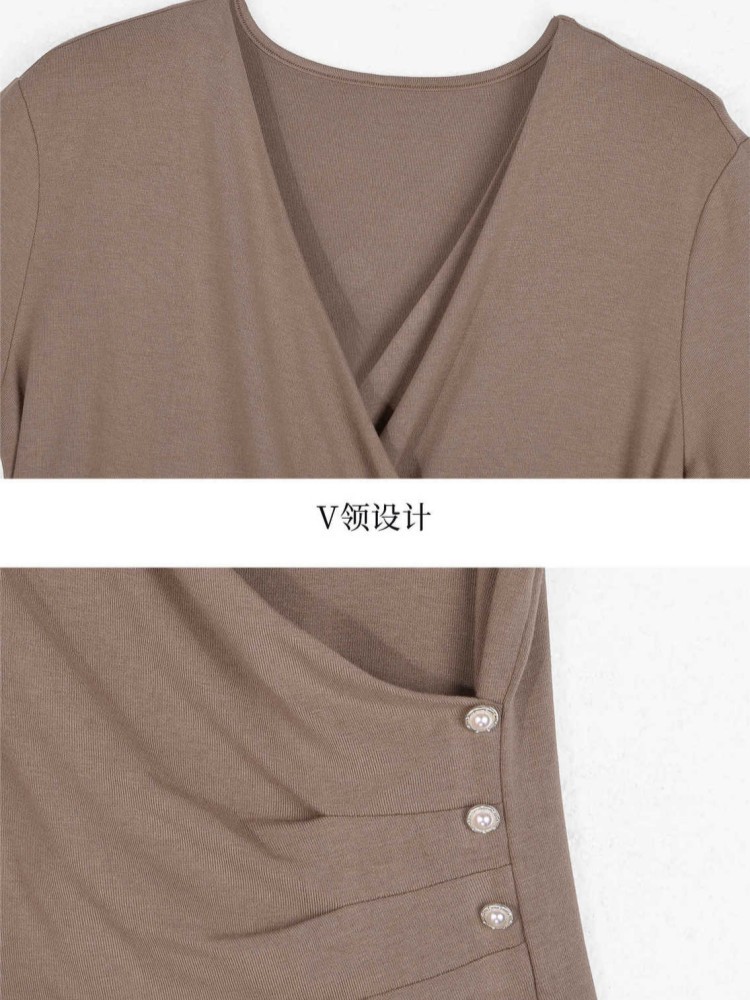 轩凌子不规则交叉V领收腰T恤XS82620217·肉桂色